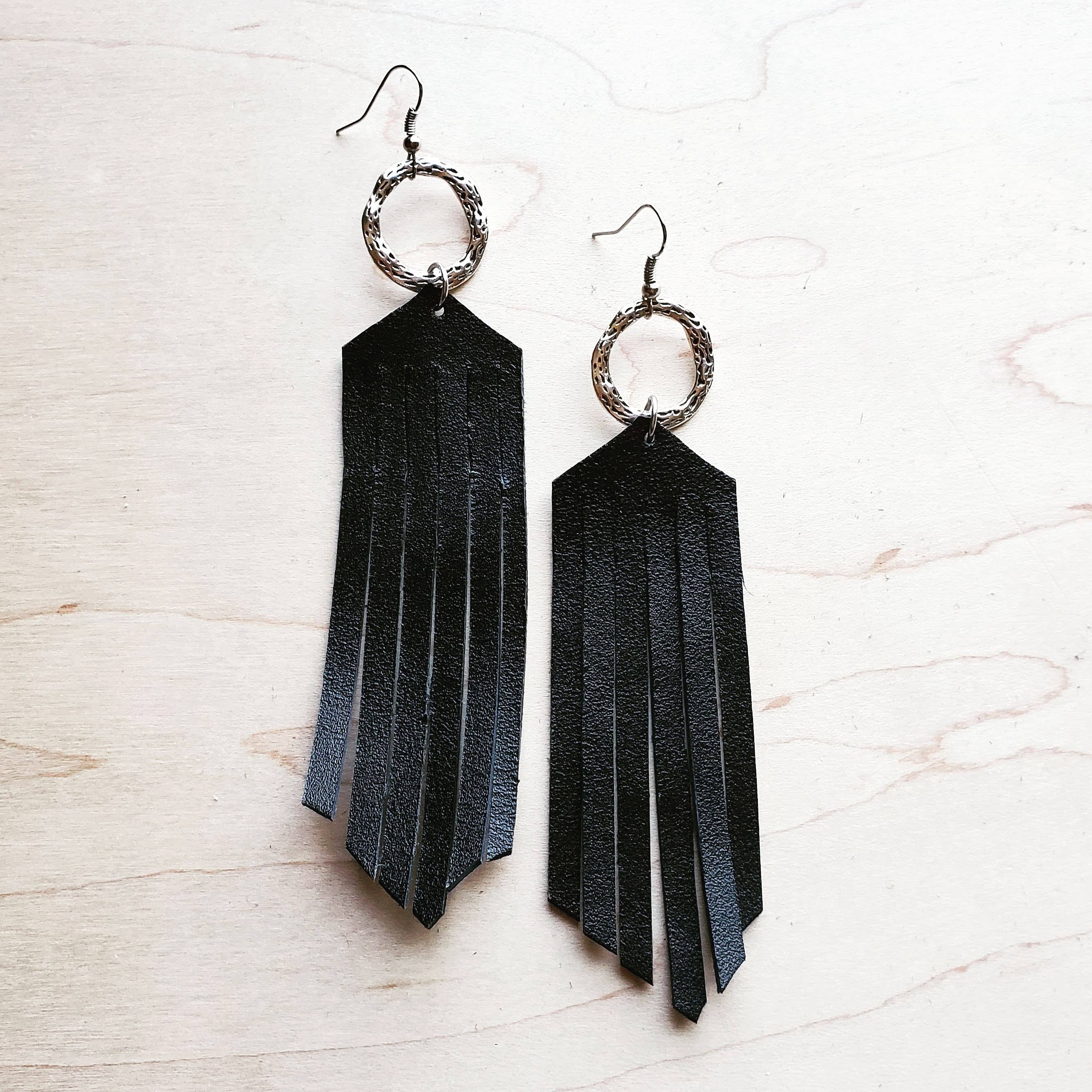 Black Leather Fringe Earrings