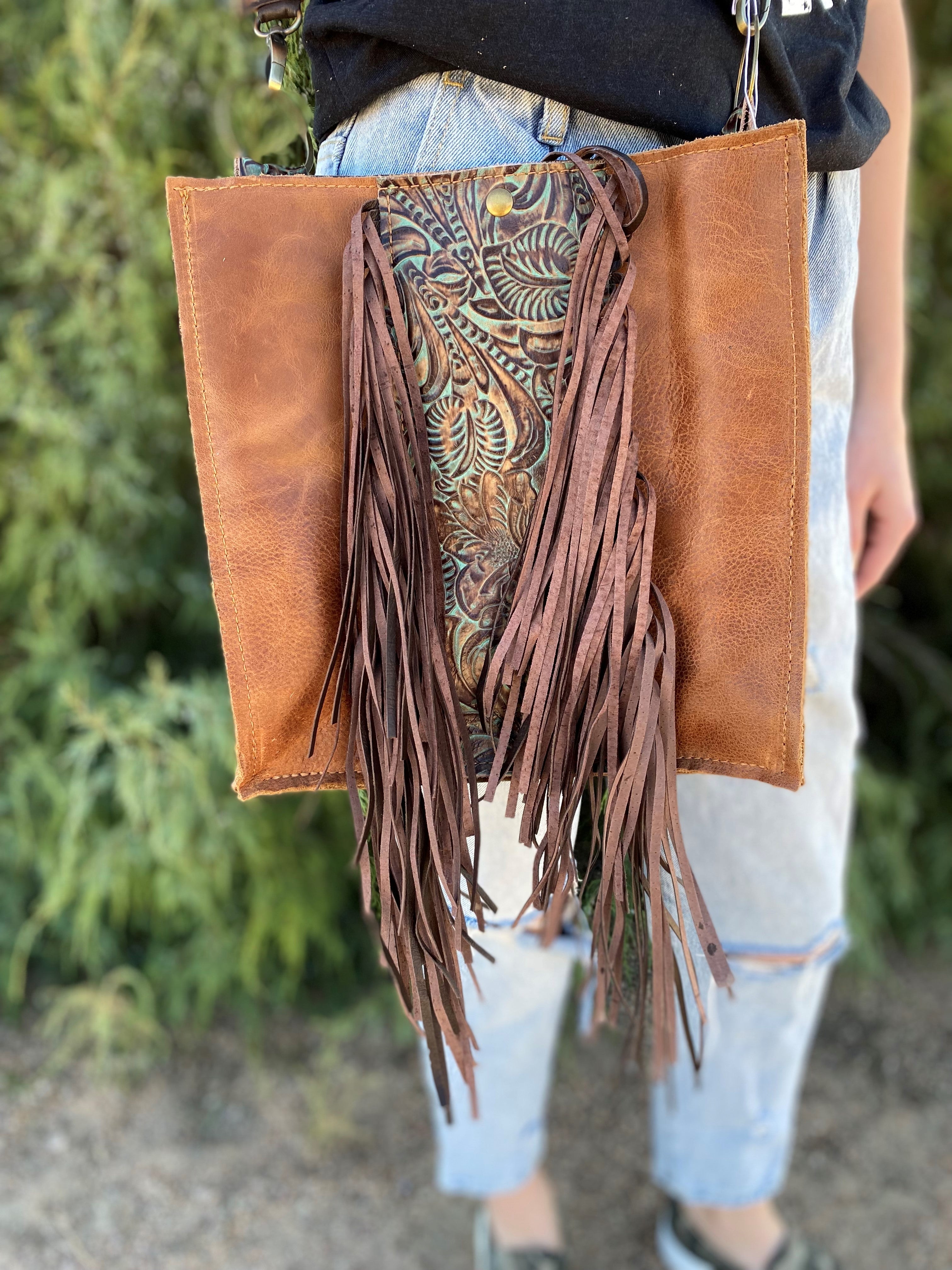 Leather Handbag with Turquoise Brown Floral Accents
