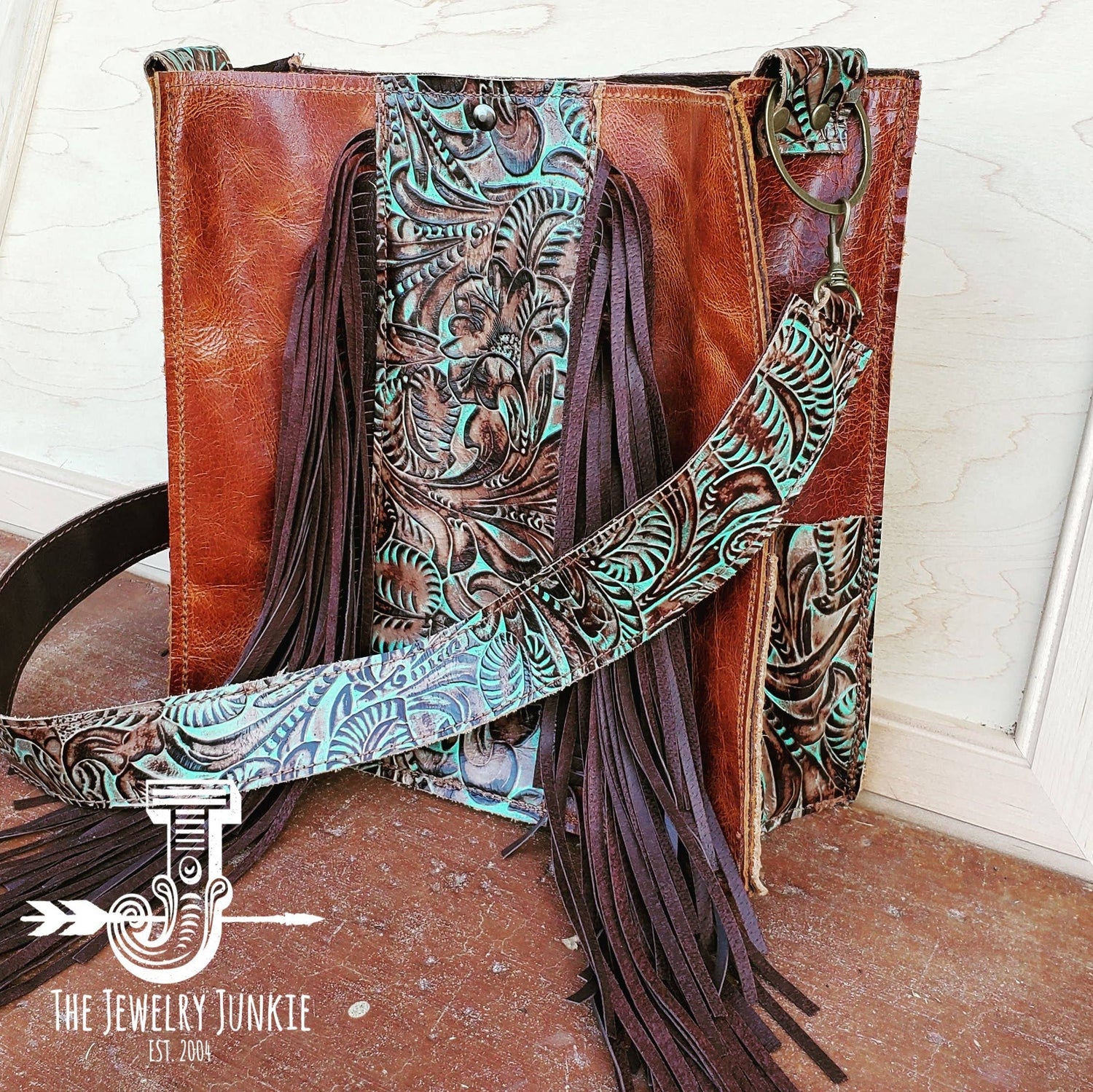 Leather Handbag with Turquoise Brown Floral Accents